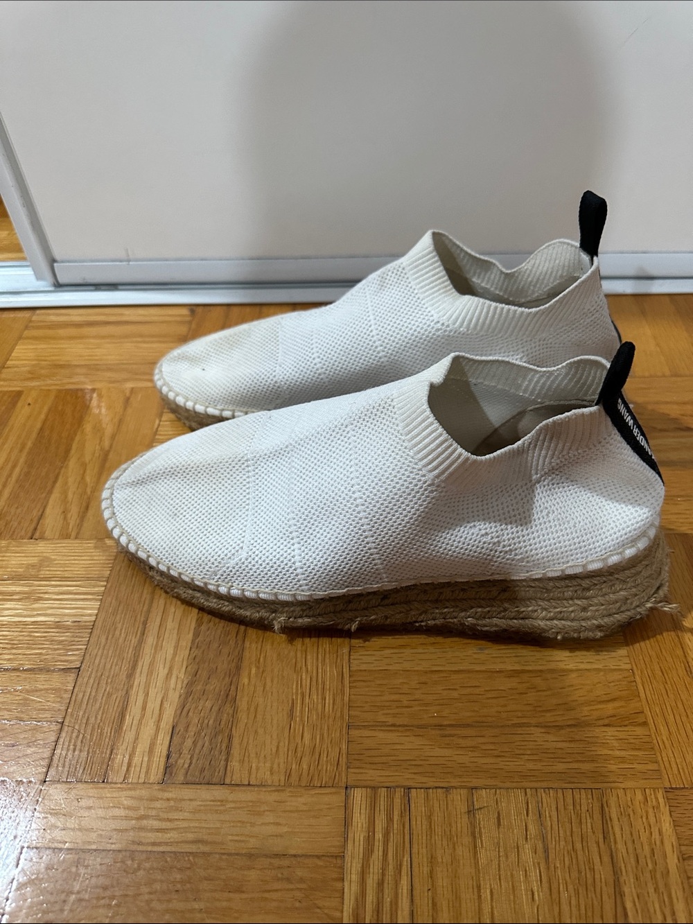 Alexander Wang Cream Knit Slip-On Espadrille Loafers with Black Heel Tab